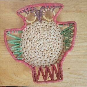 Wicker Straw Multicolor Owl Basket Wall Hanging Vintage Home Decor 10” Boho